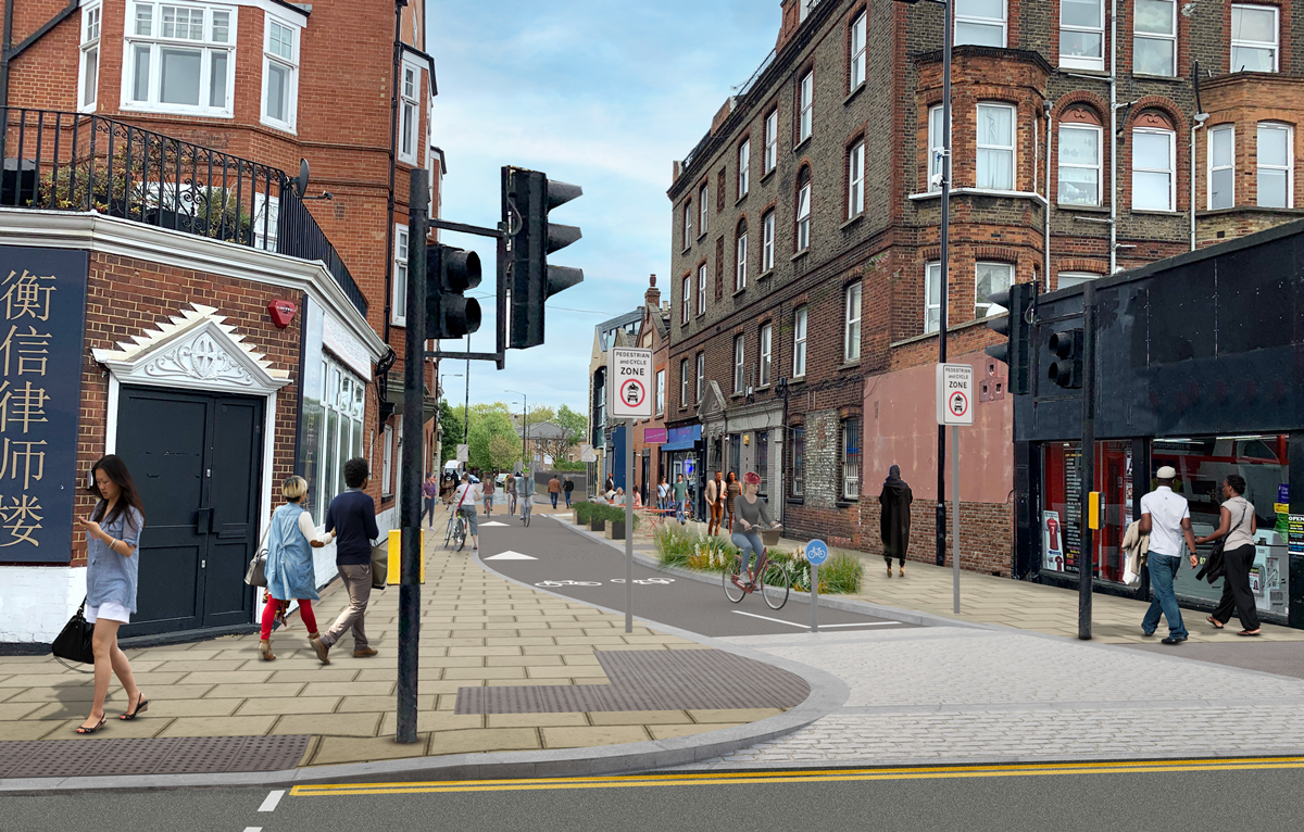 People walking around the proposed design of Browning Street and Walworth Road